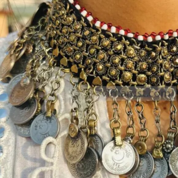 Handmade Statement Necklace With Dangling Coins, Tribal Ethnic Choker - Picture 2 of 6
